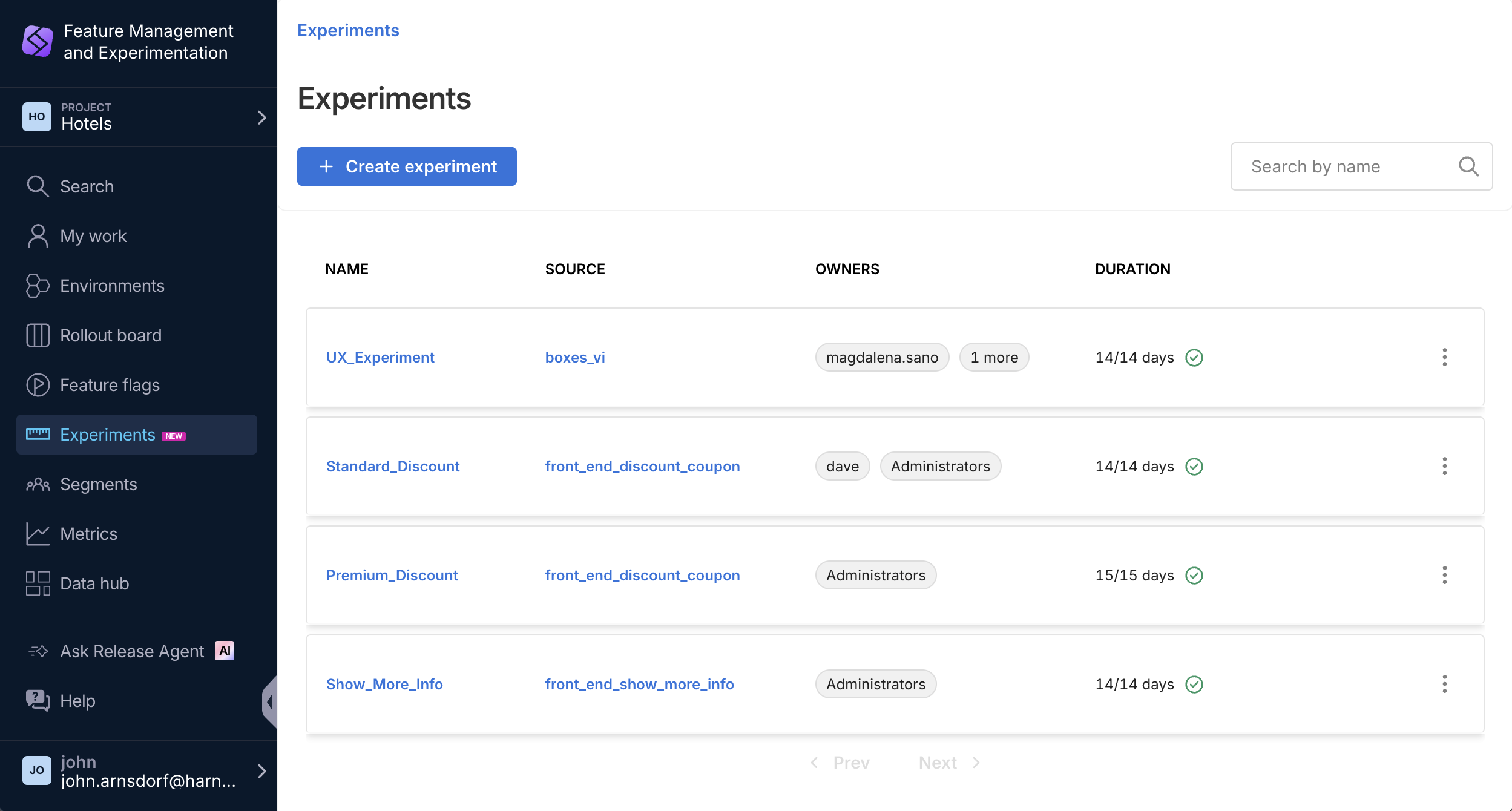 Experiments dashboard